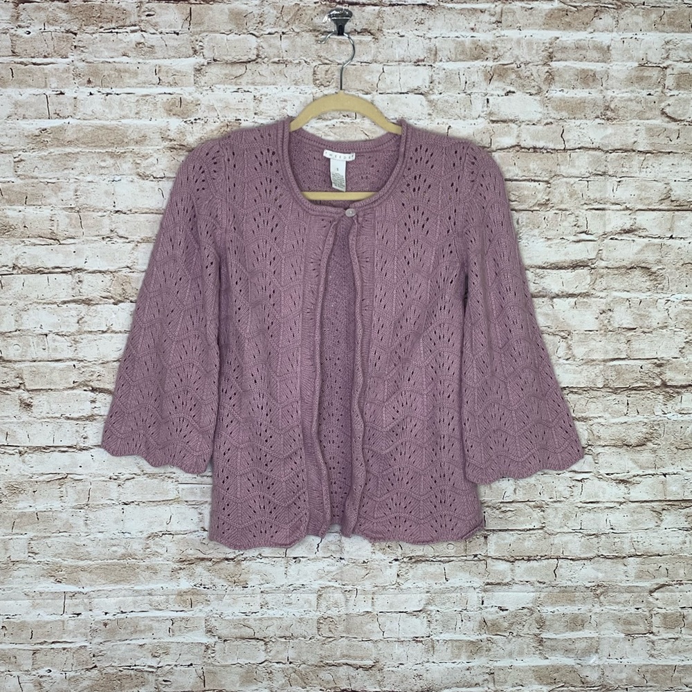Tweeds blush pink 1 button cardigan S wool angora - Picture 2 of 6